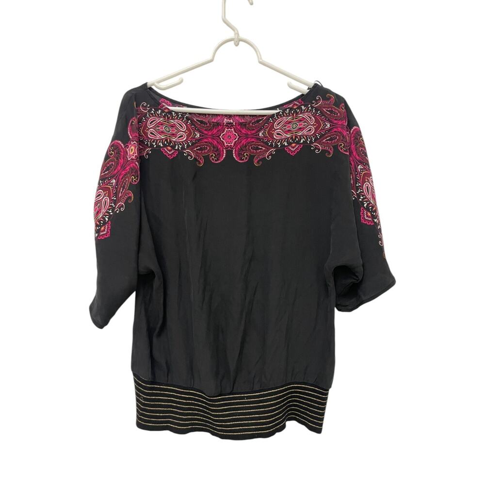 Cache Top Women Small Silk Black Paisley Boat Neck Kimono Sleeve Metallic Waist